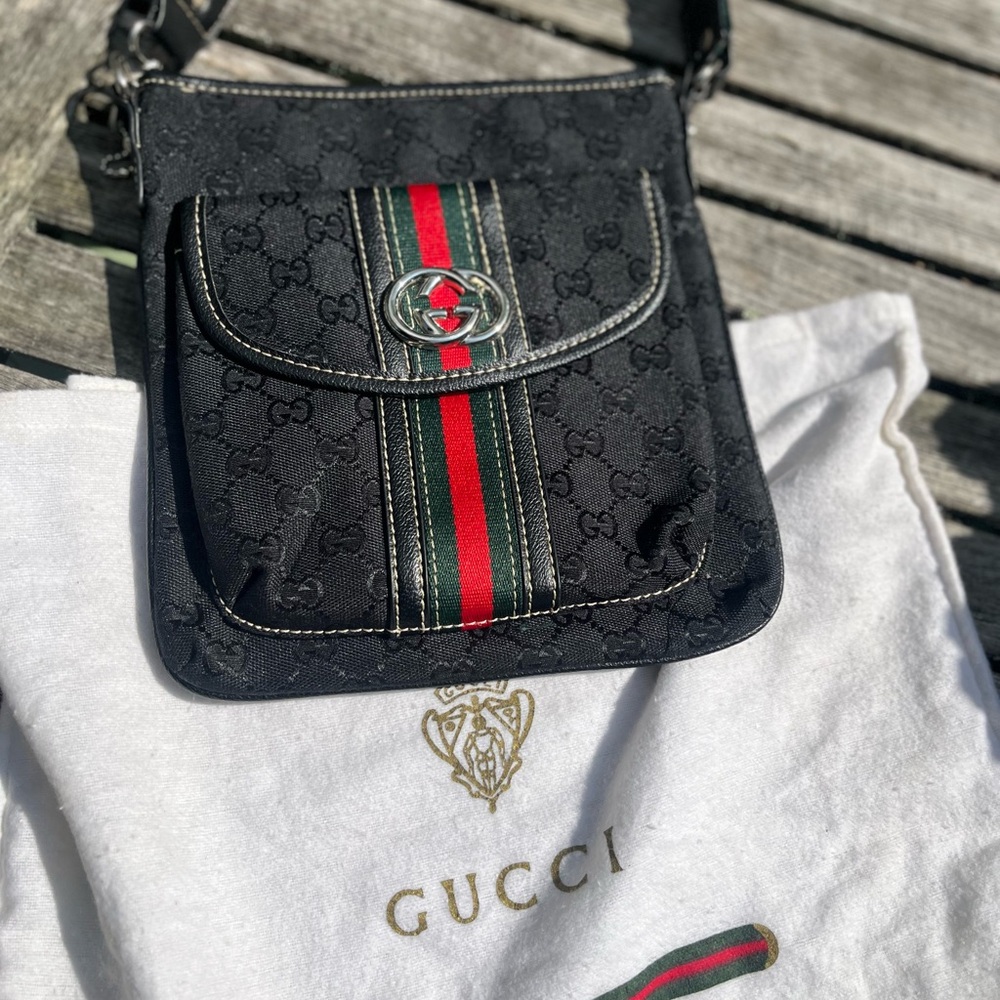 Gucci Black Crossbody Bag with Red and Green Stripes